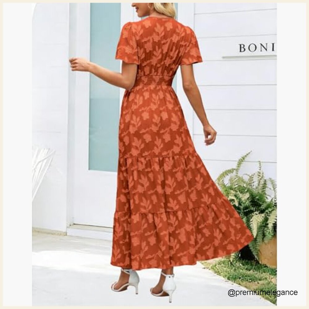 Boho Floral Maxi Dress Wrap V Neck Flutter Sleeve Tiered A Line Summer - Picture 4 of 7